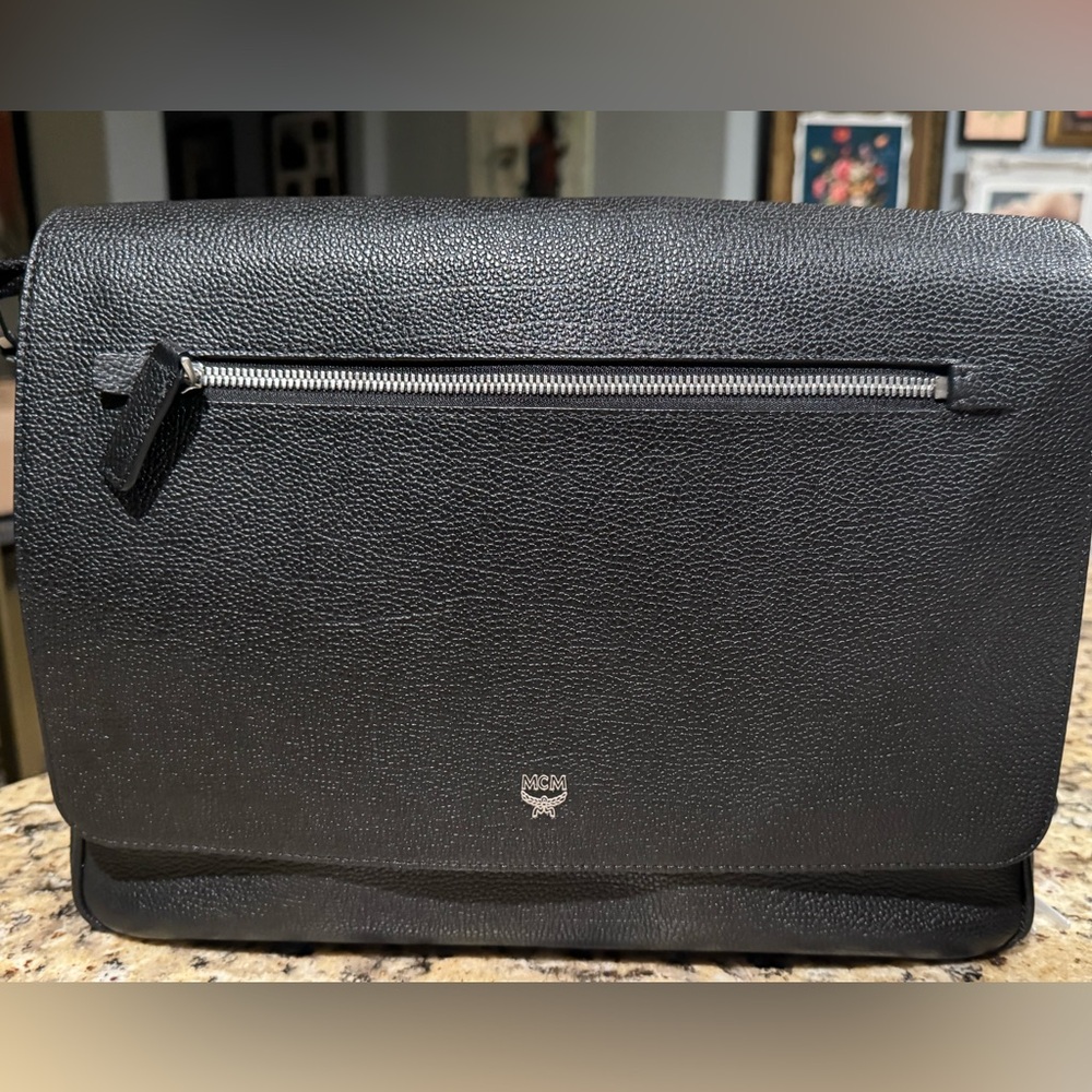 MCM Textured Black Leather Messenger Bag